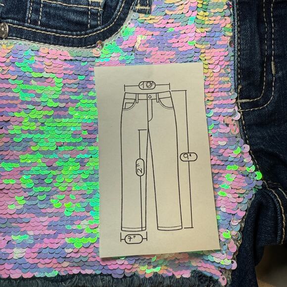 ordache Girls Denim Shorts Size 6 Iridescent Sequin Details Cuffed Dark Wash - Picture 7 of 7